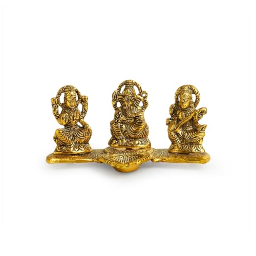 Exclusivelane Laxmi Ganesh & Saraswati Idol Showpiece Figurine With Diya (3.7 Inch, Metal) | Handcrafted For Home Dcor And Poo